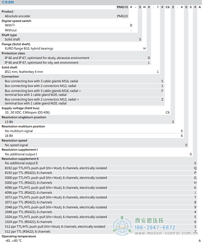 PMG10 - CANopen®絕對值重載編碼器訂貨選型參考(?11 mm實心軸，帶歐式法蘭B10或外殼支腳) - 西安德伍拓自動化傳動系統(tǒng)有限公司