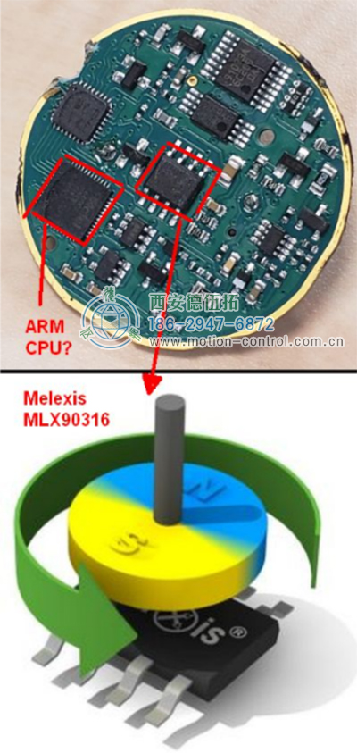 在PCB的中心，有Melexis芯片和可能的ARM微控制器